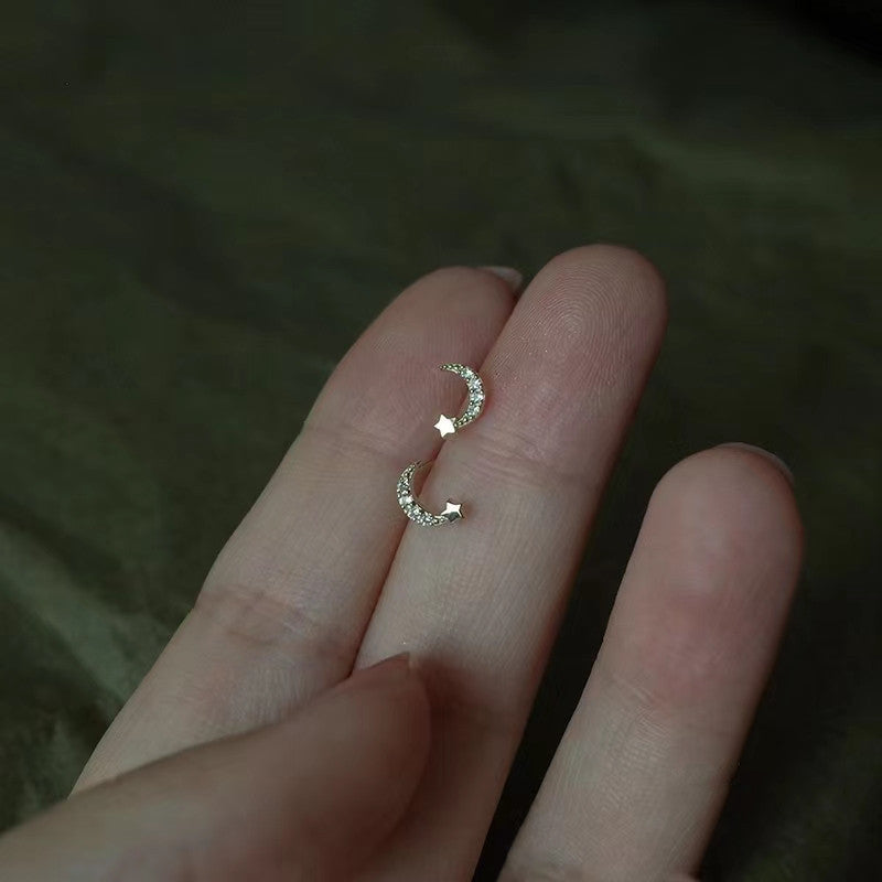 925純銀月亮星星耳釘女鍍14k金月牙迷你氣質精致tiny星月細款耳飾
