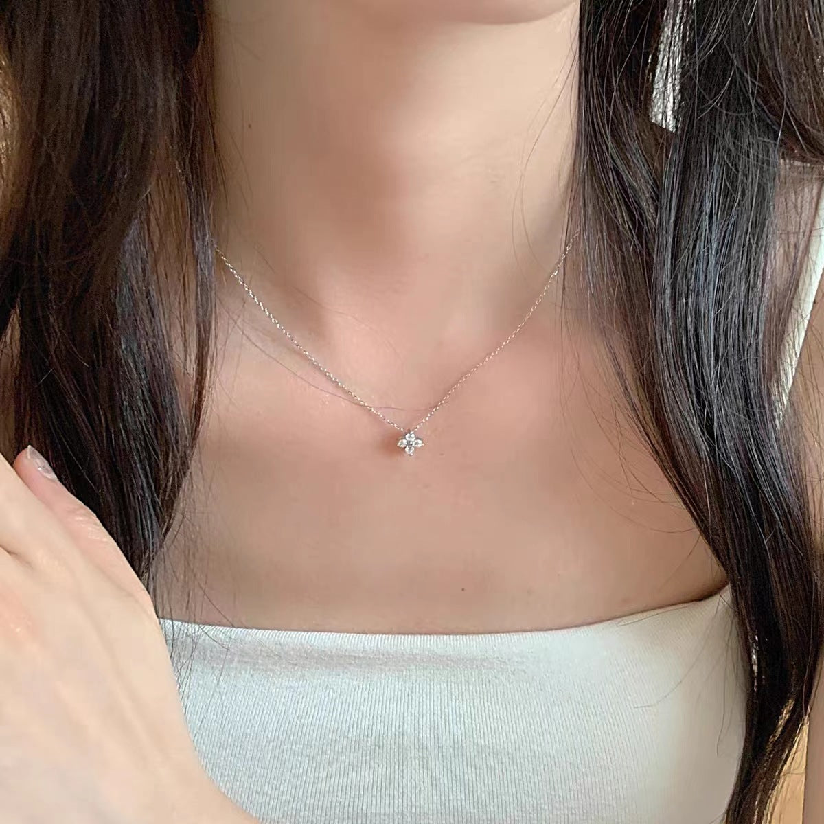 日式S925純銀四葉草項鍊女鍍14K金鑲鑽吊墜輕奢小眾高級感新款