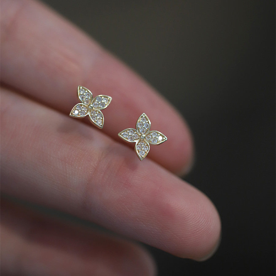 925純銀繡球花朵耳釘鍍14k金鑲鑽四葉花瓣輕奢小眾百搭