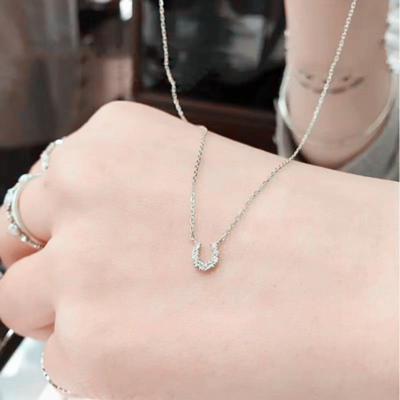925純銀項鍊U形馬蹄吊墜女款鍍黃金色韓版日式簡約細款新款鎖骨鍊