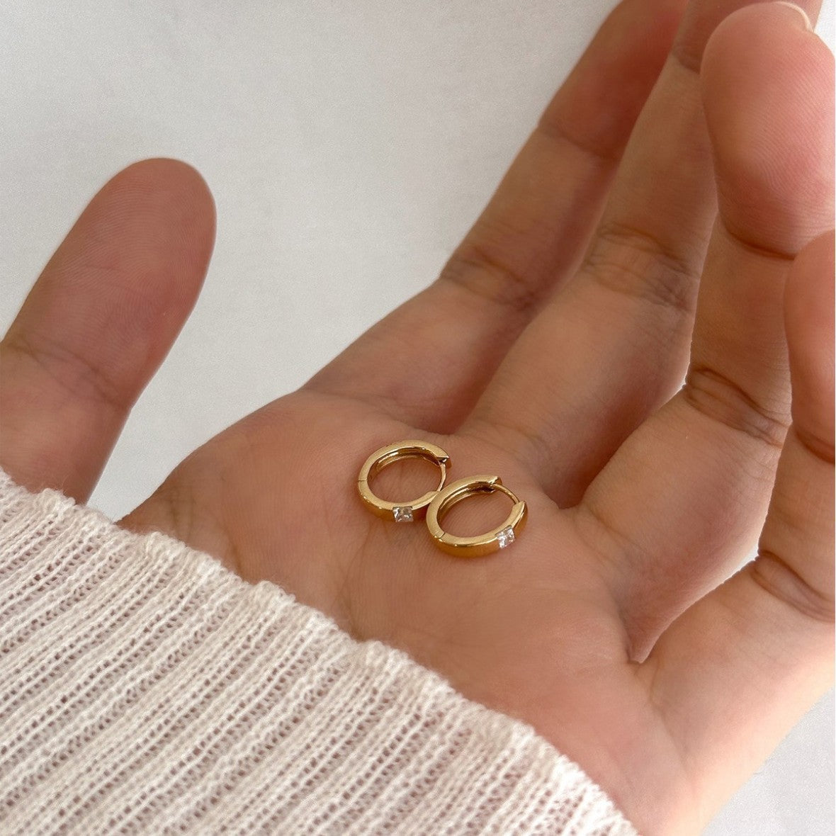 S925純銀方鑽小耳扣鍍18k金耳圈耳骨環百搭耳飾