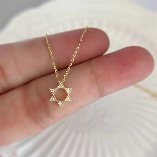 S925純銀六芒星項鍊女鏤空鍍14k金色鑲鑽吊墜六角星新款wish熱賣