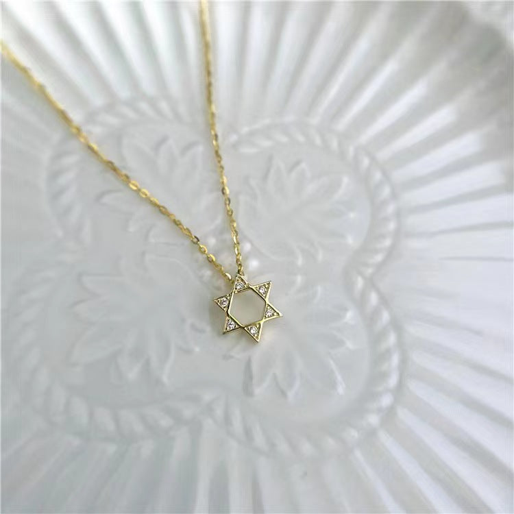 S925純銀六芒星項鍊女鏤空鍍14k金色鑲鑽吊墜六角星新款wish熱賣