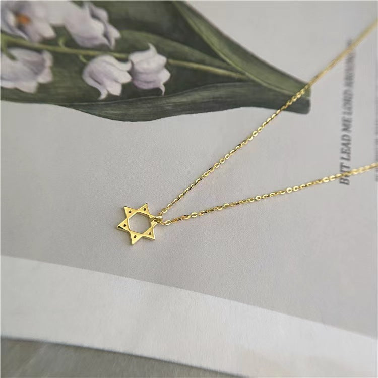 S925純銀六芒星項鍊女鏤空鍍14k金色鑲鑽吊墜六角星新款wish熱賣