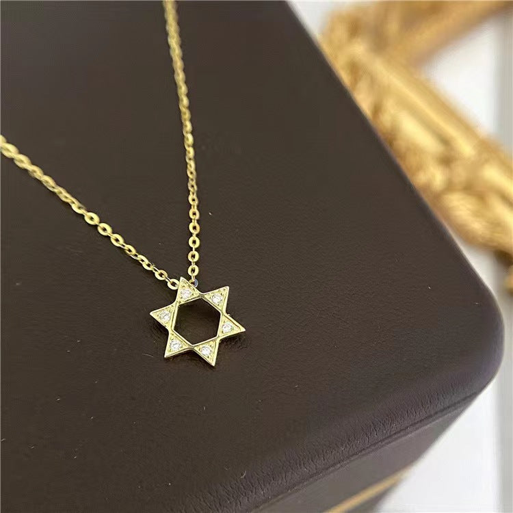 S925純銀六芒星項鍊女鏤空鍍14k金色鑲鑽吊墜六角星新款wish熱賣