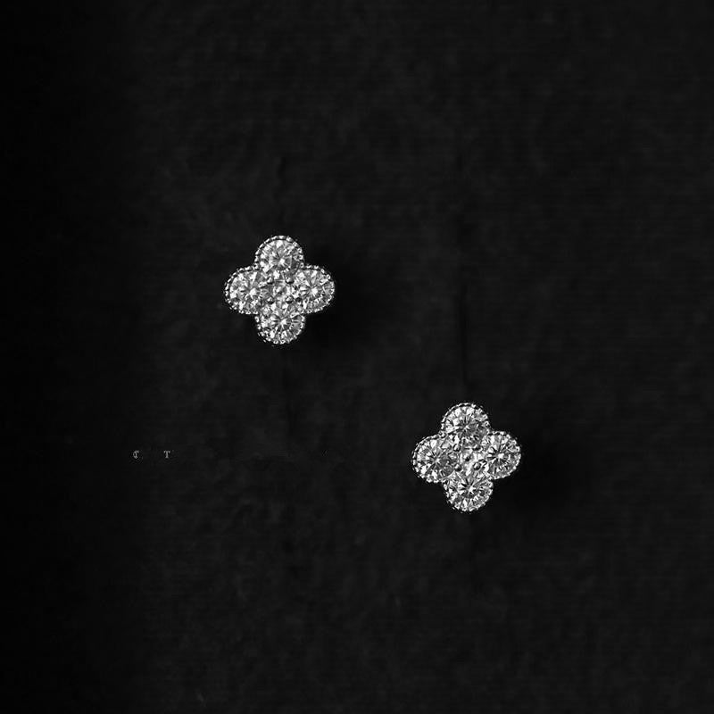 S925純銀四葉草耳釘鍍14k金蛋糕邊四鑽小花四鑽小眾百搭耳飾