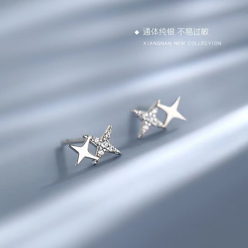 S925純銀星芒耳釘鍍14k金四角星小星星耳飾鑲鑽迷你耳骨釘
