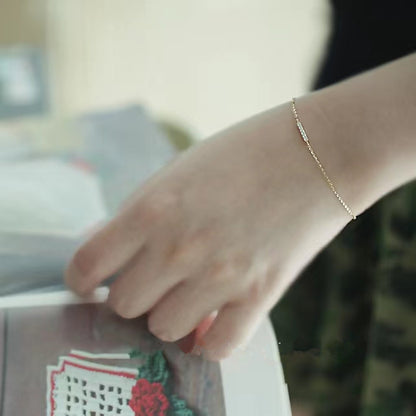 S925純銀手鍊女鍍14k金森系新款鑲鑽一字條形細款簡約冷淡風極細