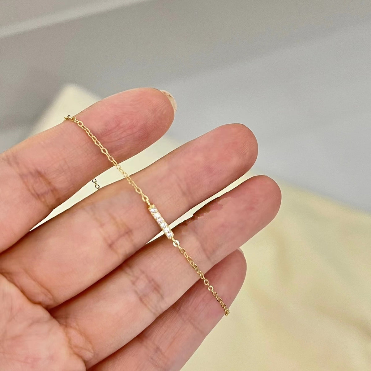S925純銀手鍊女鍍14k金森系新款鑲鑽一字條形細款簡約冷淡風極細