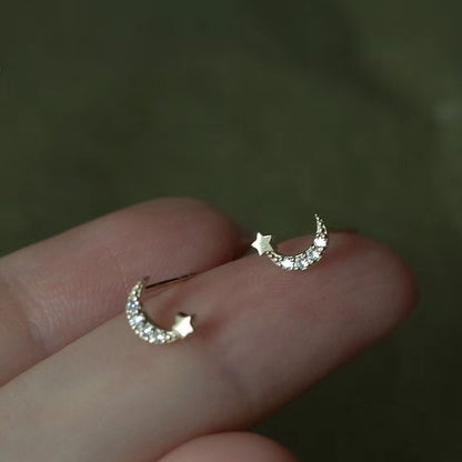 925純銀月亮星星耳釘女鍍14k金月牙迷你氣質精致tiny星月細款耳飾
