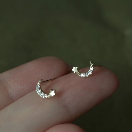 925純銀月亮星星耳釘女鍍14k金月牙迷你氣質精致tiny星月細款耳飾