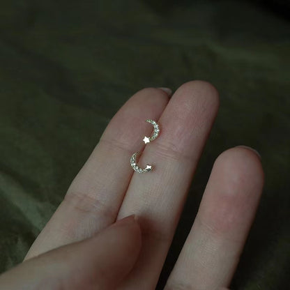 925純銀月亮星星耳釘女鍍14k金月牙迷你氣質精致tiny星月細款耳飾