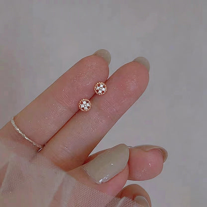 迷你圓盤十字小花純銀耳釘鑲甜美可愛小巧花朵圓形小耳釘精致