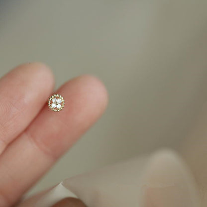 迷你圓盤十字小花純銀耳釘鑲甜美可愛小巧花朵圓形小耳釘精致
