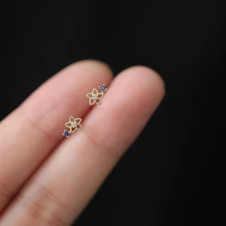 藍鑽小花瓣耳釘S925純銀藍色小花五角星女可愛超迷你耳飾精致新款