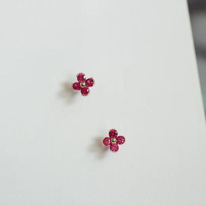 925純銀紅鑽花朵耳釘女鍍14k金紅剛玉耳環紅寶石花瓣輕奢簡約新款