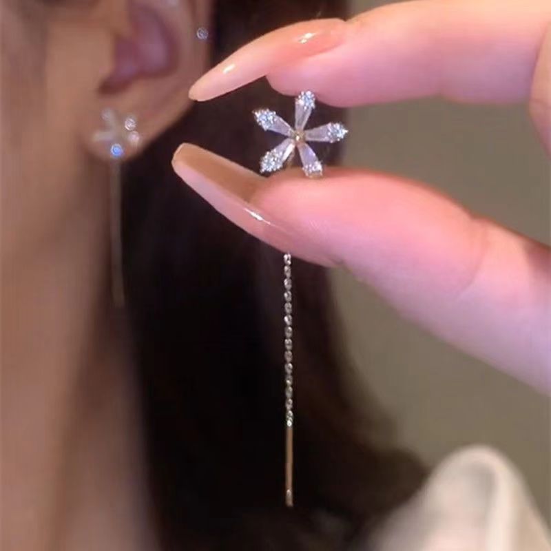 S925純銀花朵耳線女長款鑲鑽雪花耳釘流蘇小清新