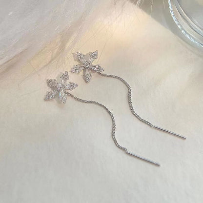 S925純銀花朵耳線女長款鑲鑽雪花耳釘流蘇小清新