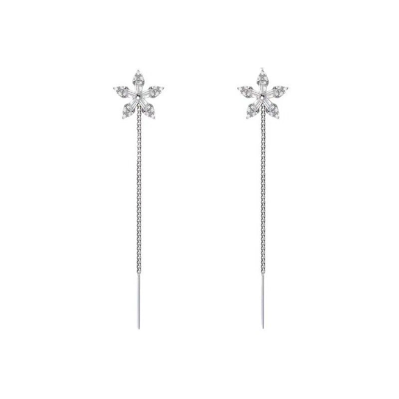 S925純銀花朵耳線女長款鑲鑽雪花耳釘流蘇小清新