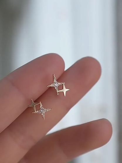 S925純銀星芒耳釘鍍14k金四角星小星星耳飾鑲鑽迷你耳骨釘