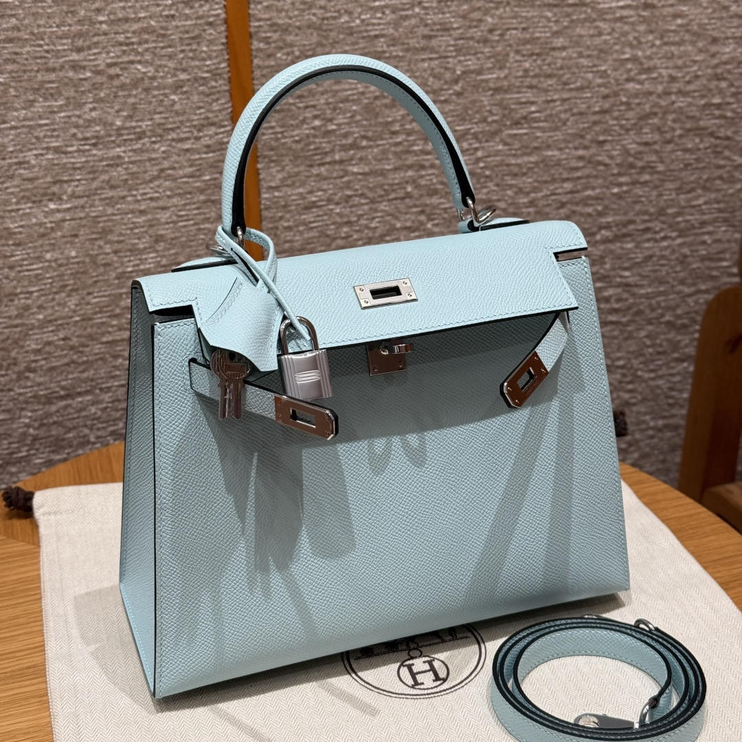高仿Hermes*Kelly25系列H043110EPU2微風藍銀扣牛皮純手工