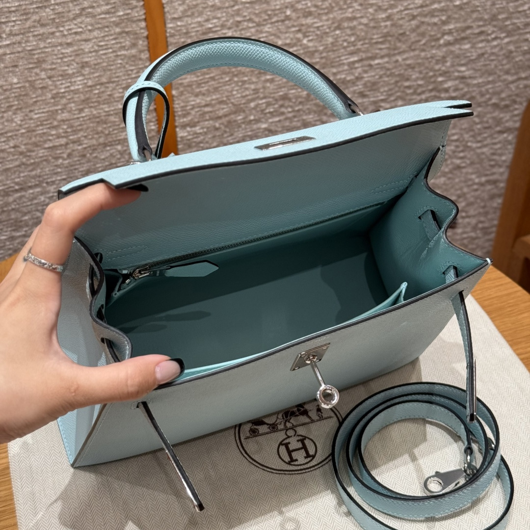 高仿Hermes*Kelly25系列H043110EPU2微風藍銀扣牛皮純手工