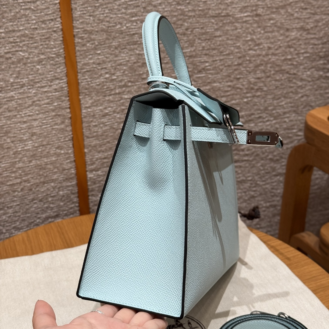 高仿Hermes*Kelly25系列H043110EPU2微風藍銀扣牛皮純手工