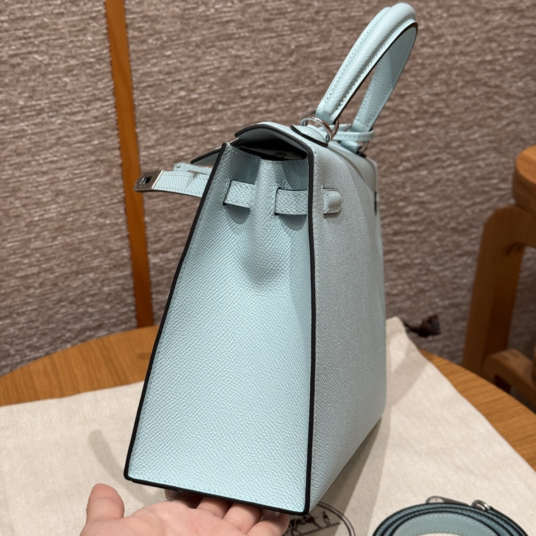 高仿Hermes*Kelly25系列H043110EPU2微風藍銀扣牛皮純手工