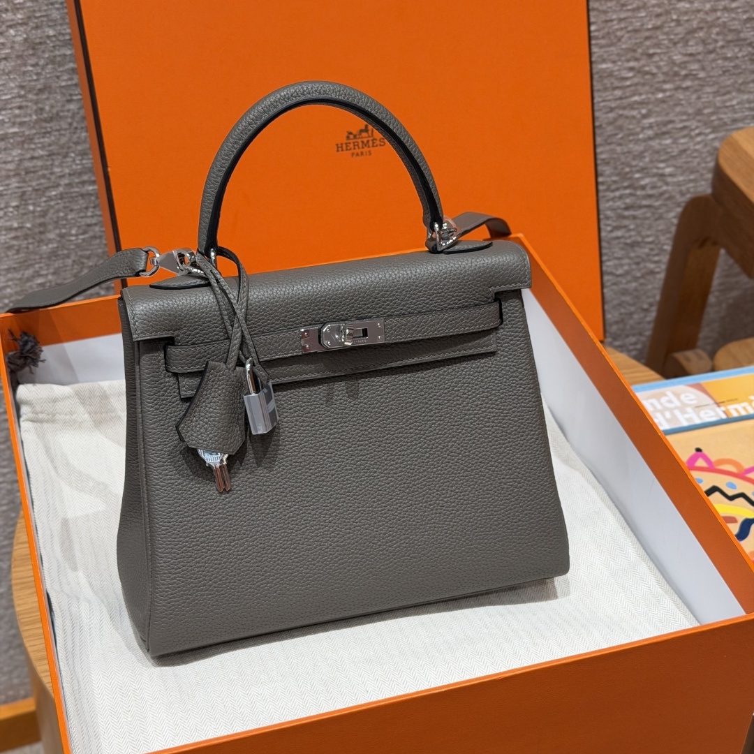 高仿Hermes*Kelly25系列H043220TC8F錫器灰銀扣牛皮純手工