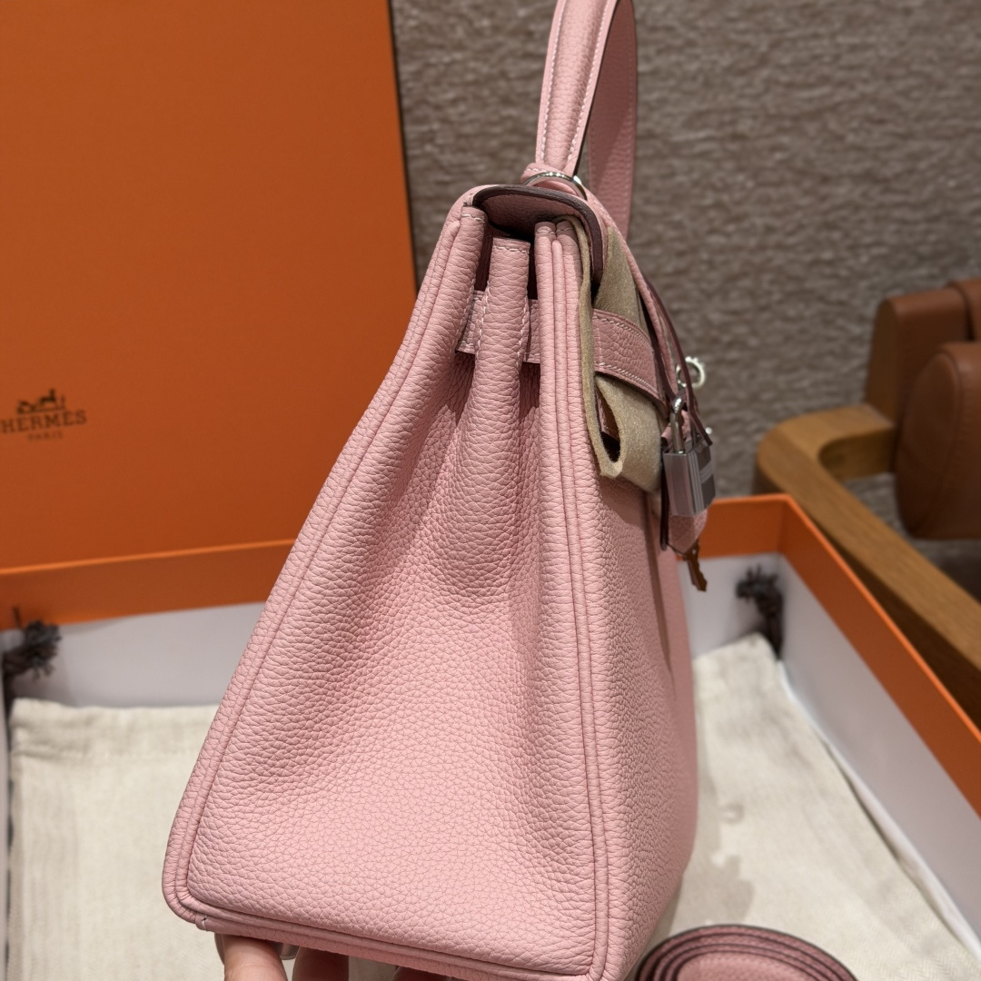高仿Hermes*Kelly28系列H043230TC3Q櫻花粉銀扣牛皮純手工