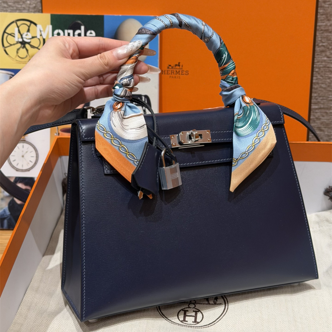 高仿Hermes*Kelly25系列H043110BO73寶石藍牛皮銀扣純手工