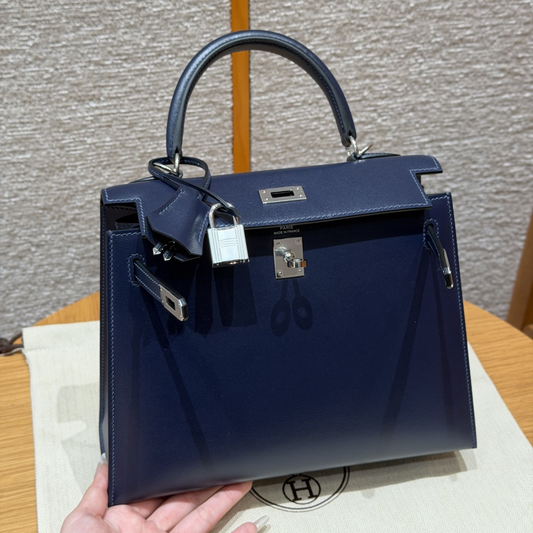 高仿Hermes*Kelly25系列H043110BO73寶石藍牛皮銀扣純手工