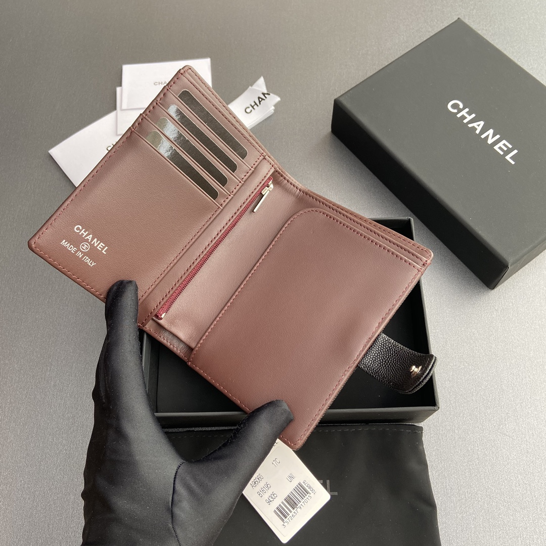 高仿Chanel*24K系列AP3824護照夾魚子醬黑色銀扣免檢版