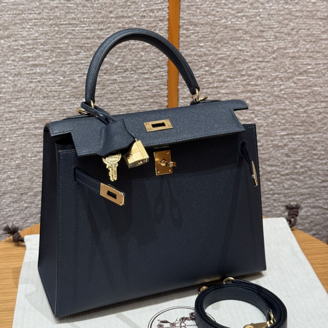高仿Hermes*Kelly25系列H043110EP2Z寶石藍金扣牛皮純手工