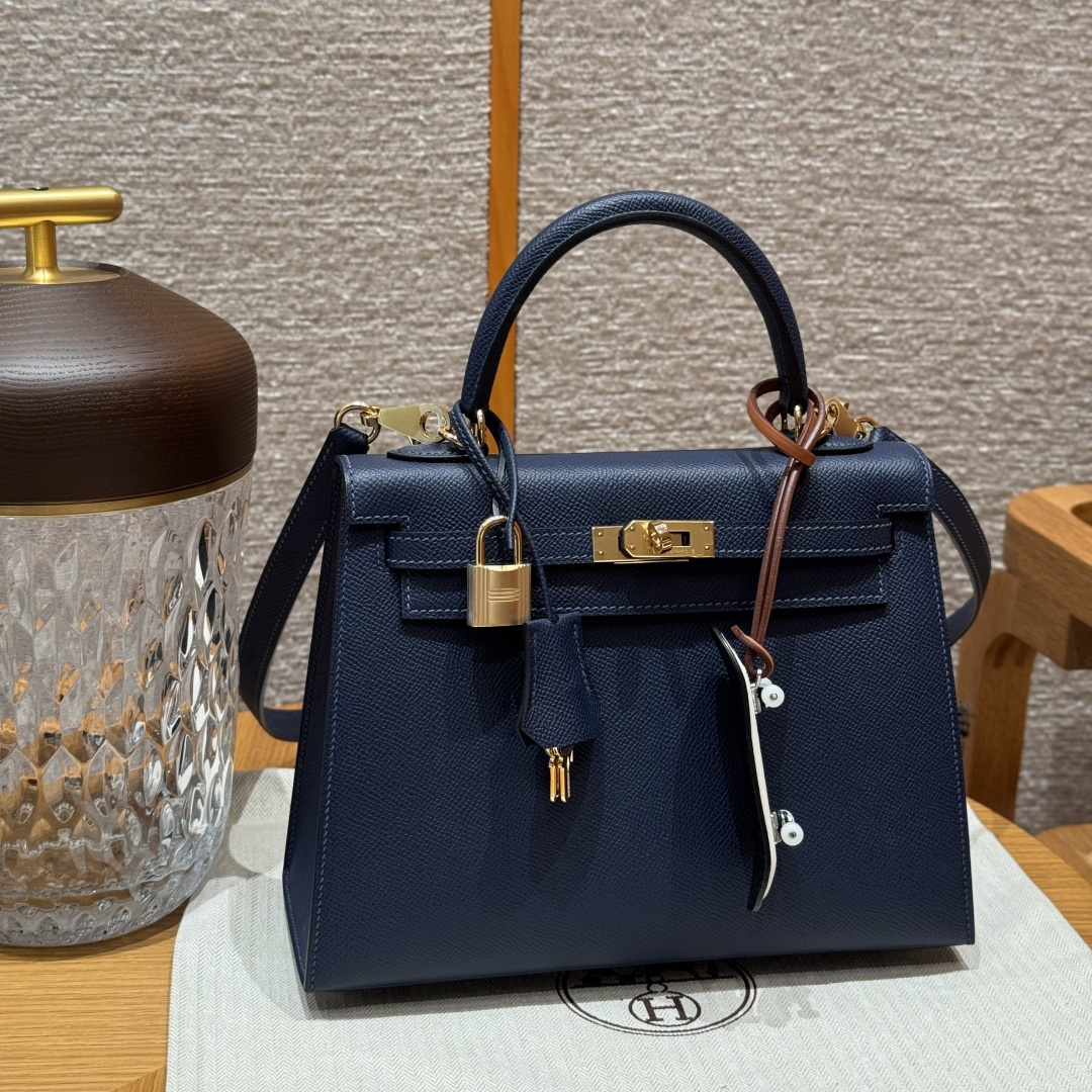高仿Hermes*Kelly25系列H043110EP73寶石藍金扣牛皮純手工