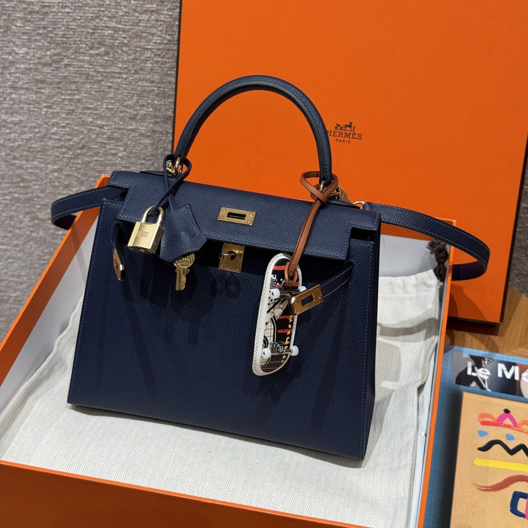 高仿Hermes*Kelly25系列H043110EP73寶石藍金扣牛皮純手工