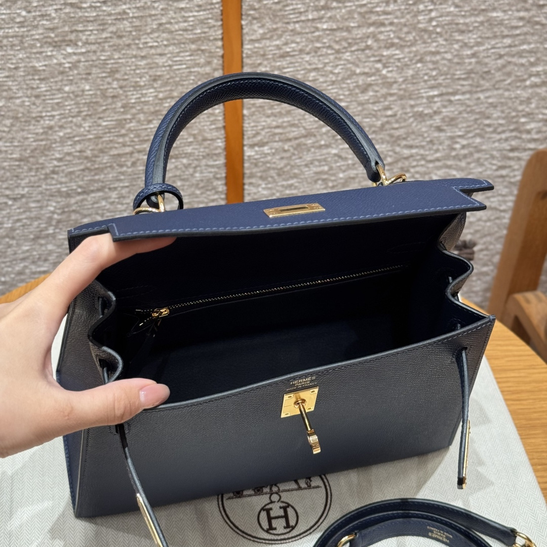 高仿Hermes*Kelly25系列H043110EP73寶石藍金扣牛皮純手工