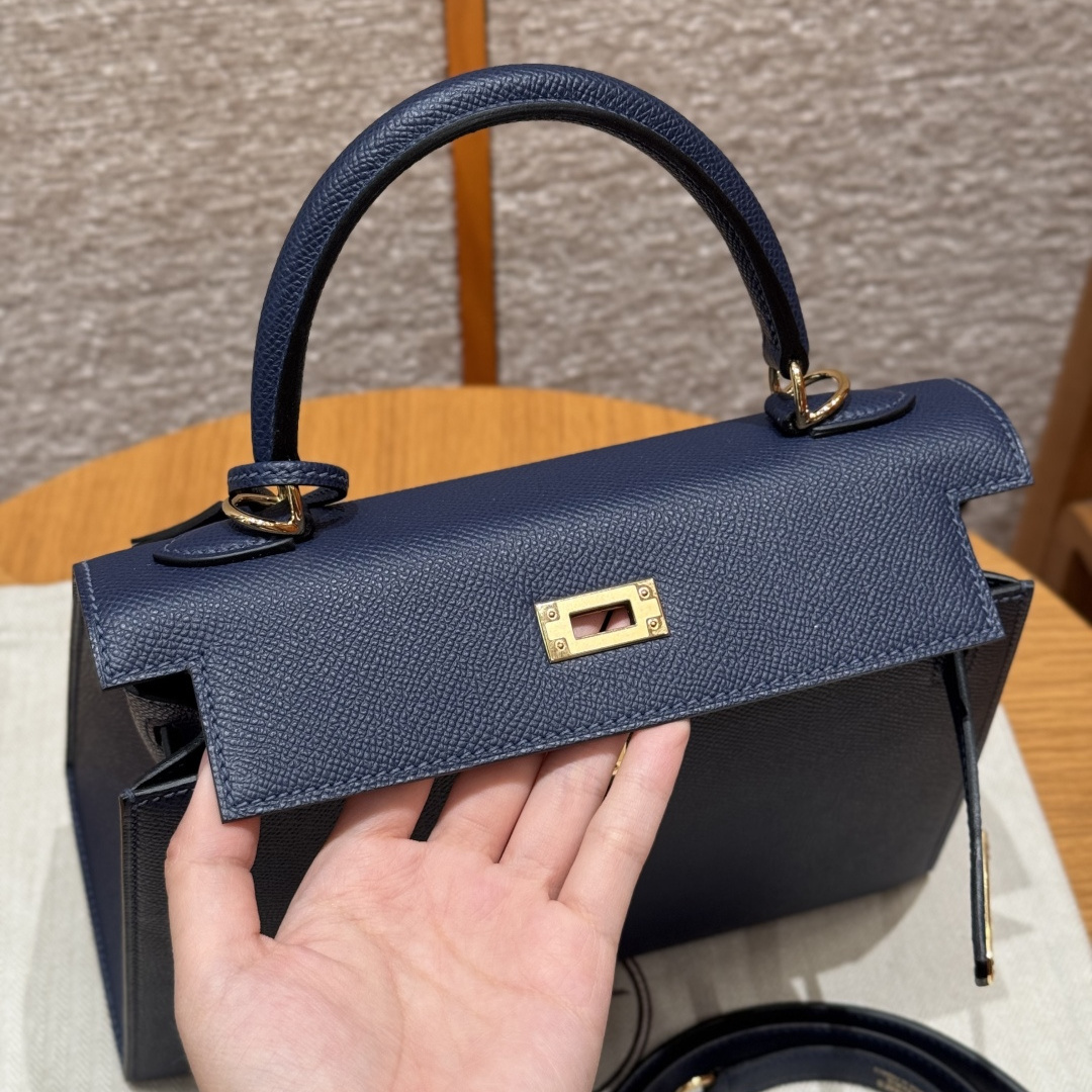 高仿Hermes*Kelly25系列H043110EP73寶石藍金扣牛皮純手工