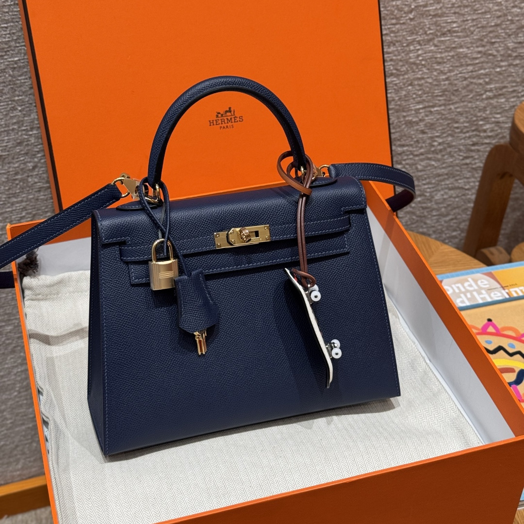 高仿Hermes*Kelly25系列H043110EP73寶石藍金扣牛皮純手工