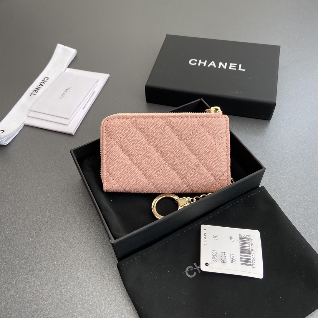 高仿Chanel*AP0223零錢包粉色魚子醬金扣免檢版
