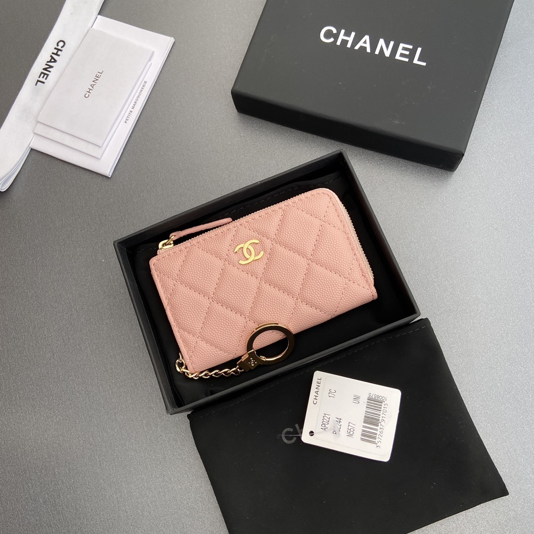 高仿Chanel*AP0223零錢包粉色魚子醬金扣免檢版