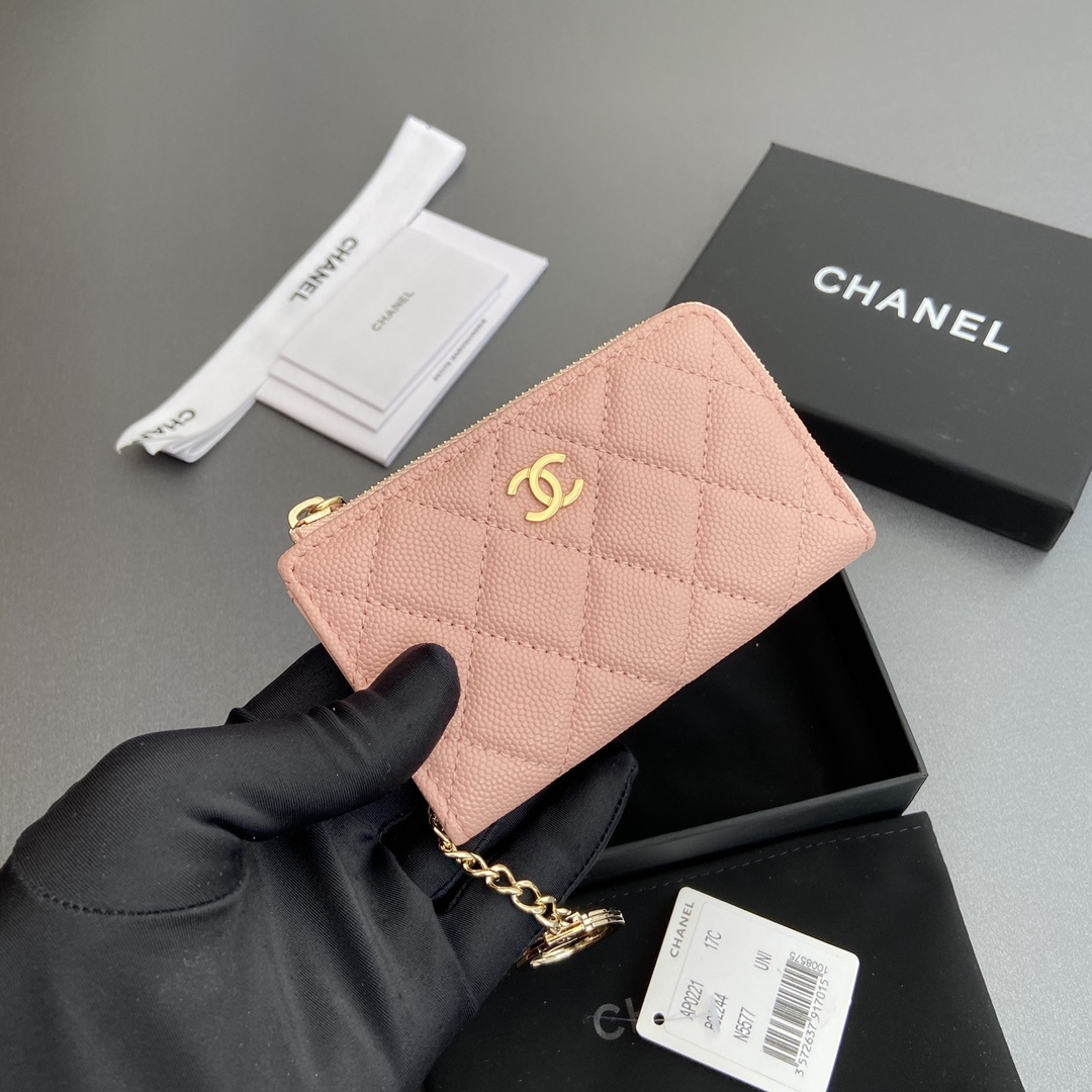 高仿Chanel*AP0223零錢包粉色魚子醬金扣免檢版