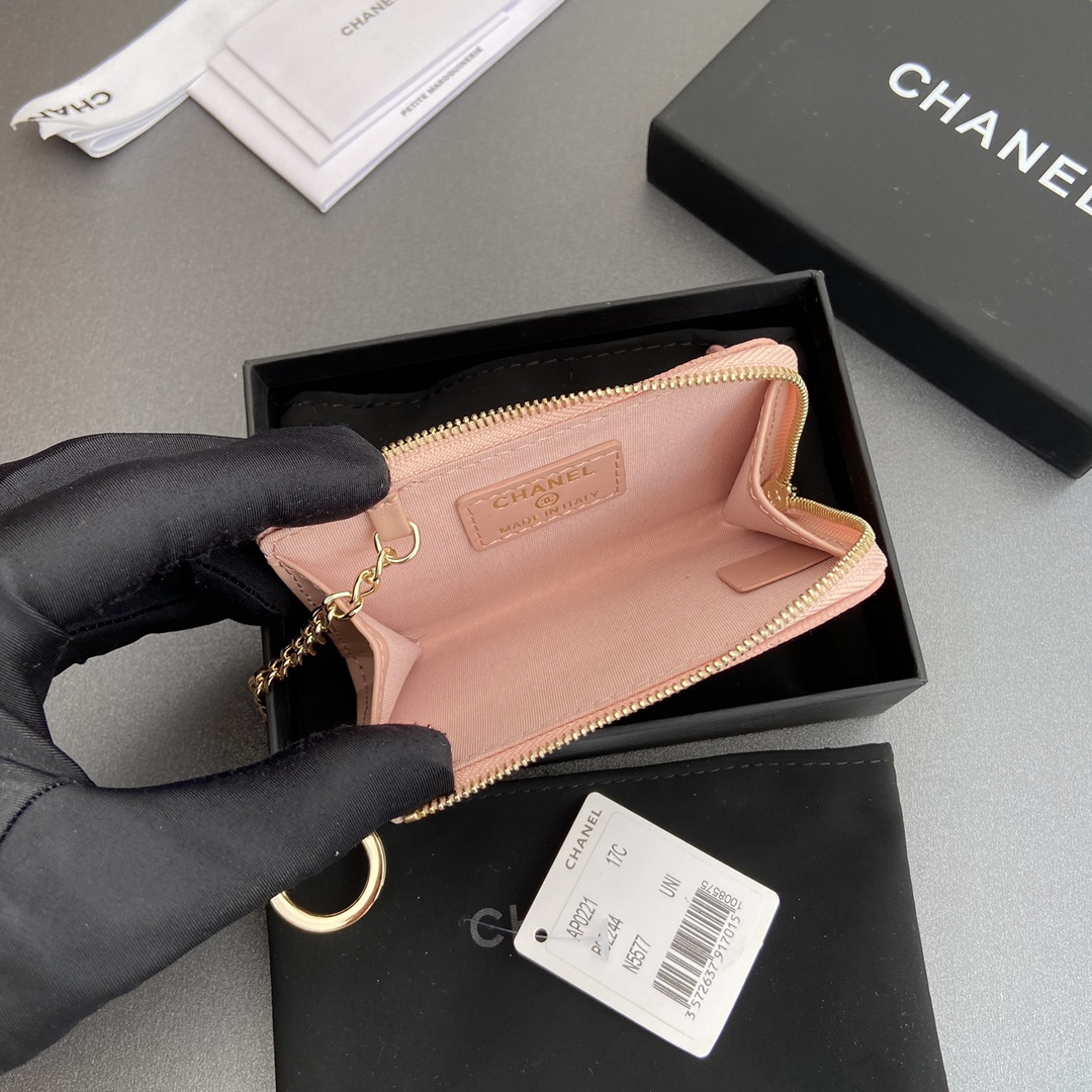 高仿Chanel*AP0223零錢包粉色魚子醬金扣免檢版